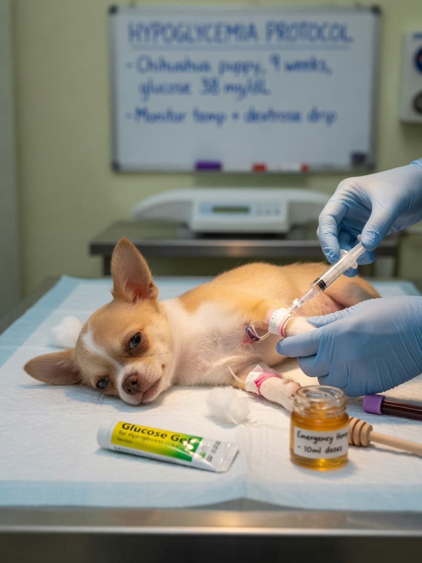 Chihuahua puppy receiving emergency intravenous dextrose treatment for hypoglycaemia at veterinary clinic