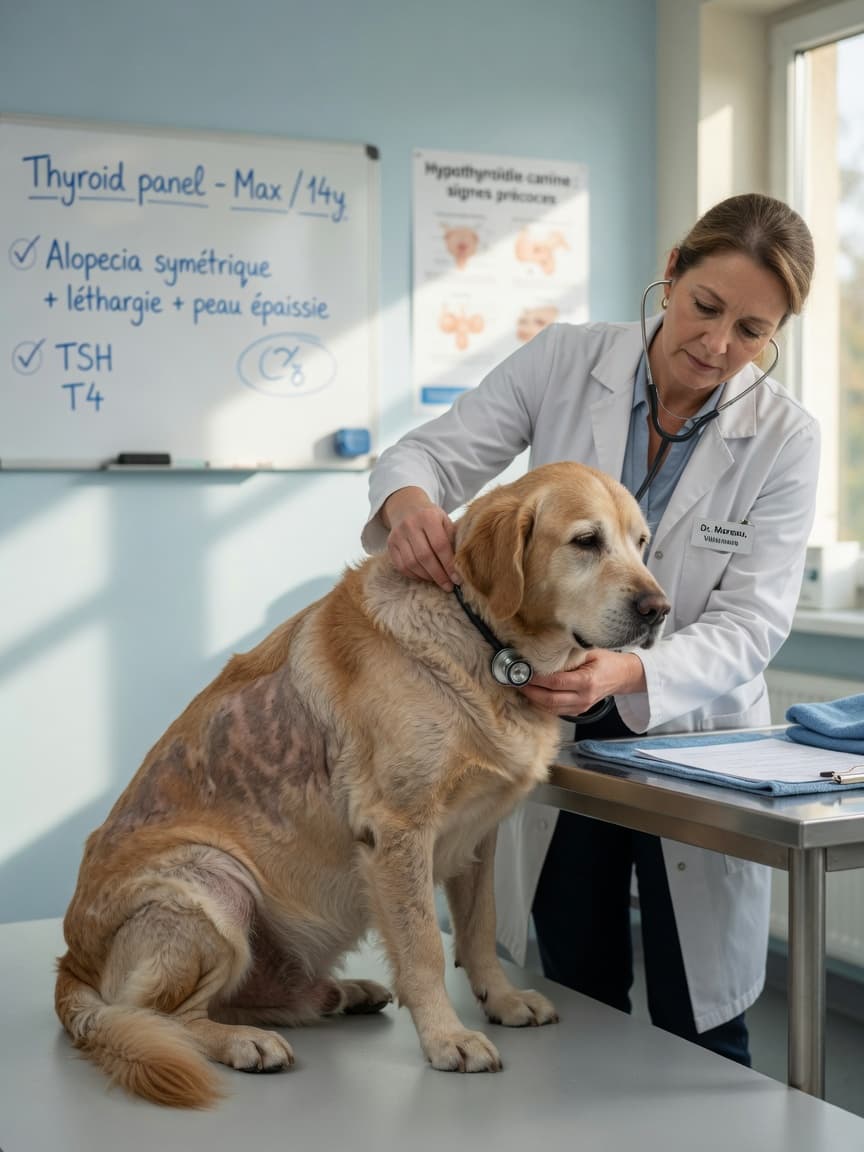 A lethargic Golden Retriever with dull, sparse coat and visible hair loss being examined by a veterinarian in a clinic setting