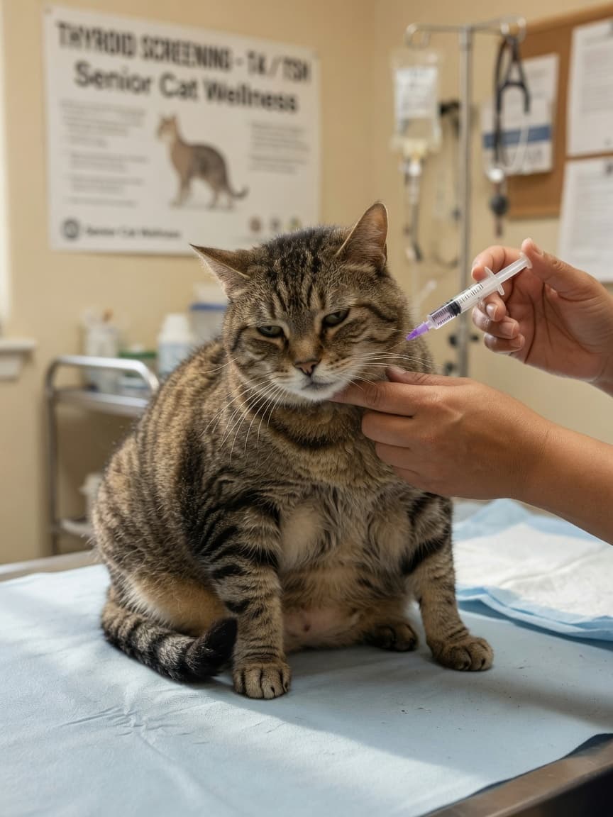 Tabby cat at veterinary exam with lethargic expression while vet prepares blood draw for thyroid testing