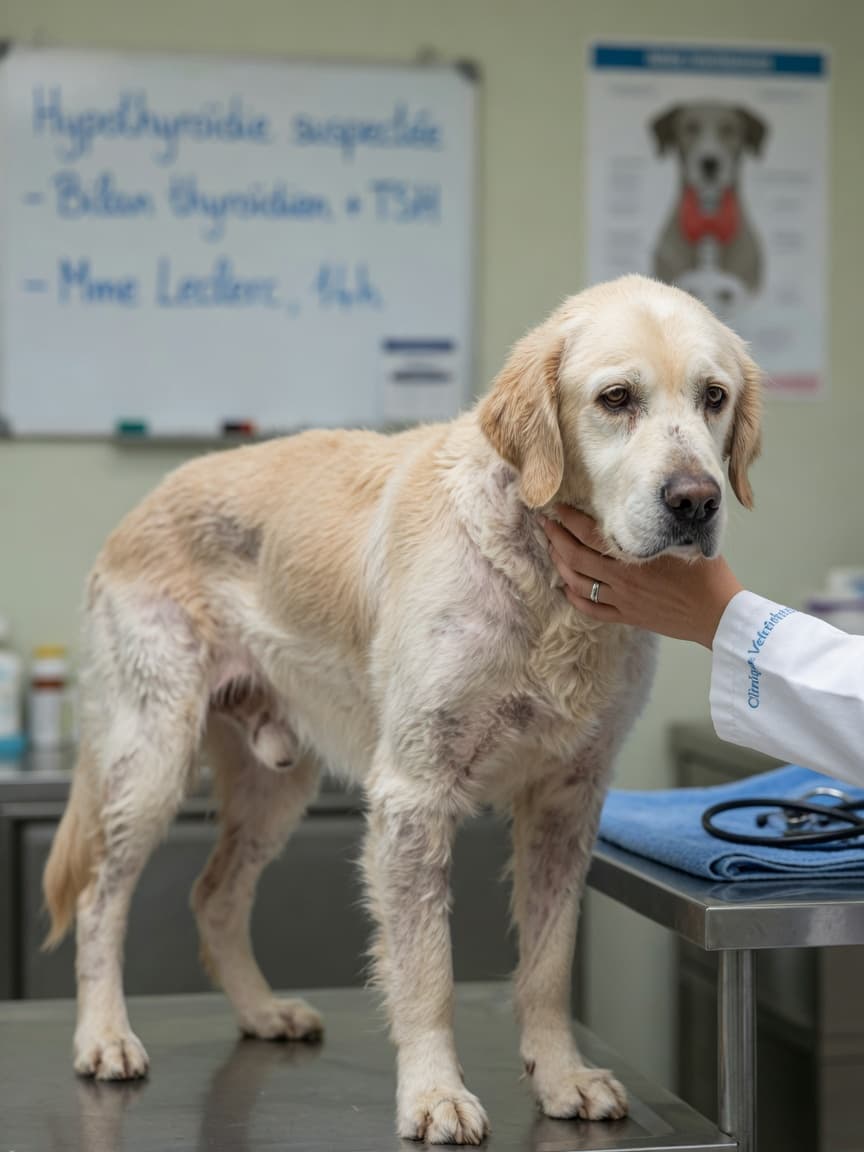Veterinarian palpating the neck thyroid area of a lethargic middle-aged Golden Retriever during examination
