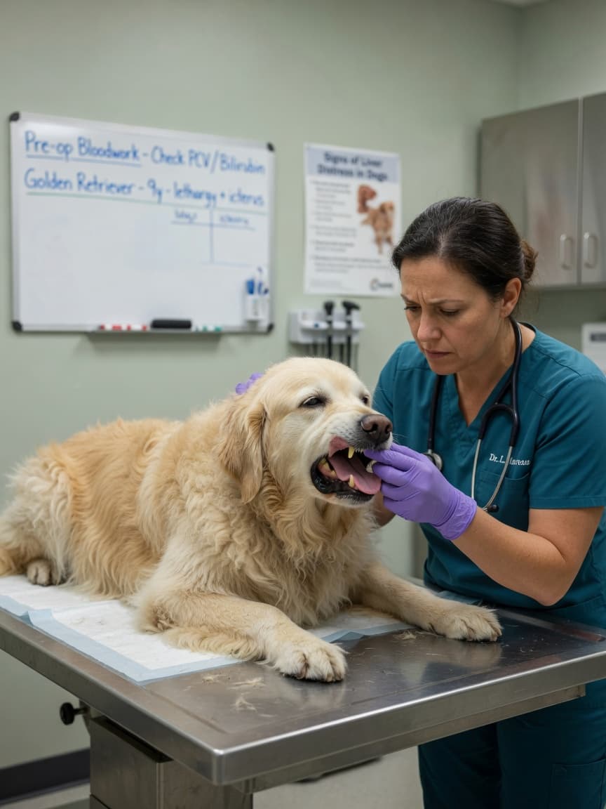 Veterinarian examining pale gums of a lethargic golden retriever on an examination table to assess for immune-mediated haemolytic anaemia
