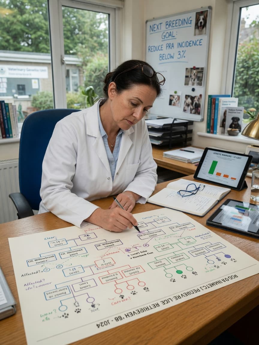 Veterinary geneticist studying a multi-generational pedigree chart at a desk with natural light