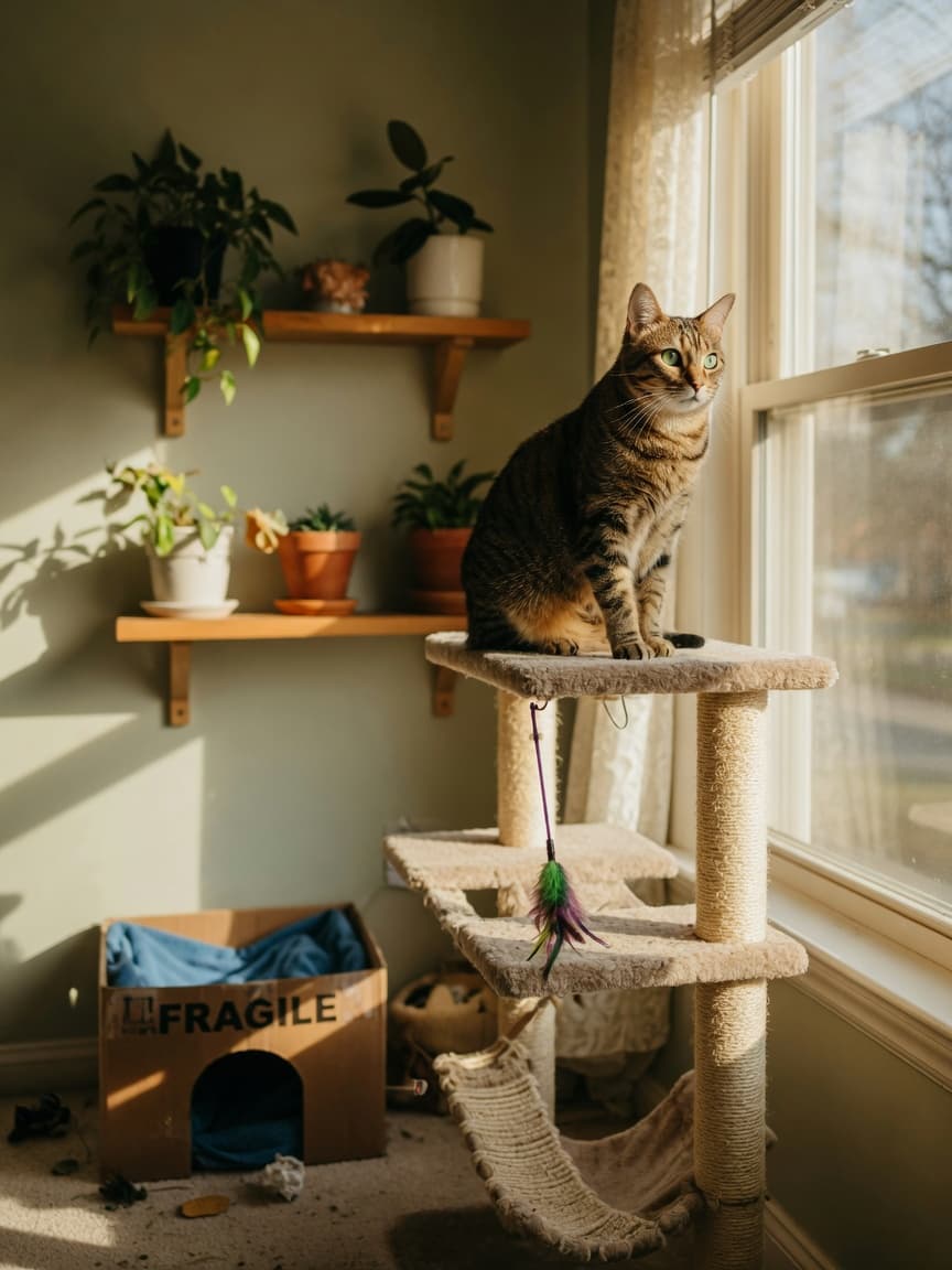 Alert tabby cat perched on elevated cat tree near window with cardboard box retreat and wall-mounted shelving creating vertical enrichment space