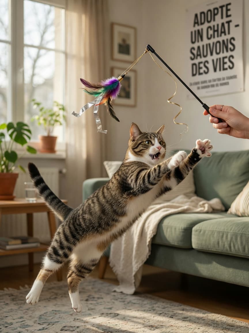 Orange tabby cat pouncing on feather wand toy held by owner's hand during interactive play session
