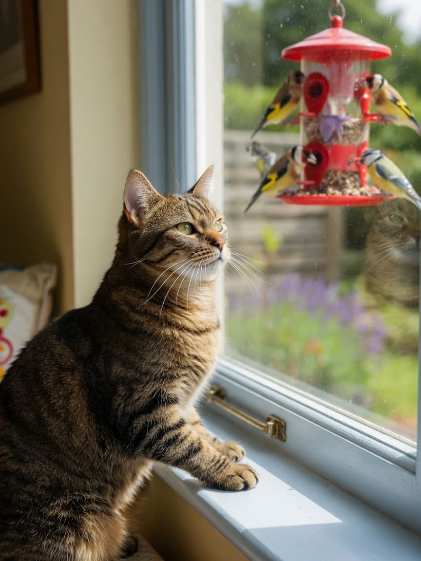 Indoor tabby cat watching birds at a window feeder, engaged and stimulated