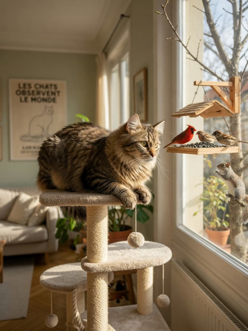 Tabby cat on cat tree looking out window at birds and squirrels at feeder, sunlit and engaged