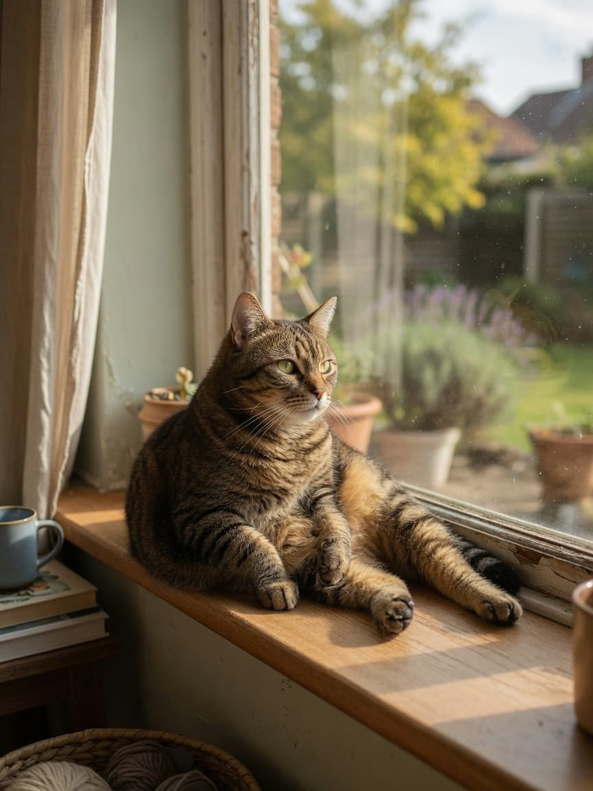 An indoor tabby cat relaxing on a windowsill with natural sunlight, representing a safe, long-living indoor cat environment
