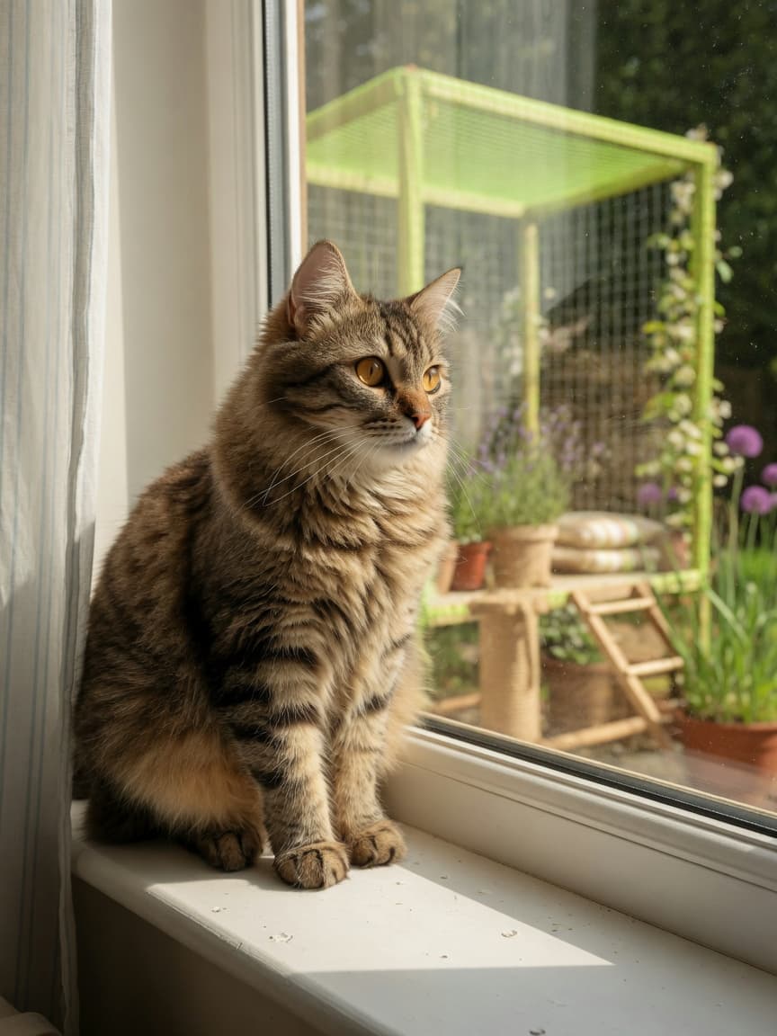 Indoor cat looking out window at outdoor catio structure, representing choice between indoor and outdoor living