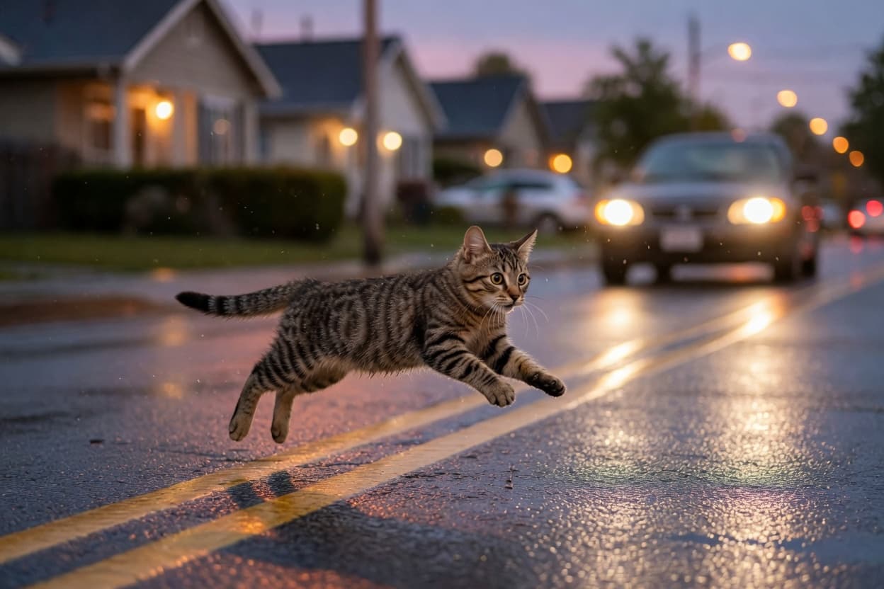 Young tabby cat leaping across wet suburban street at dusk with car headlights blurred in background