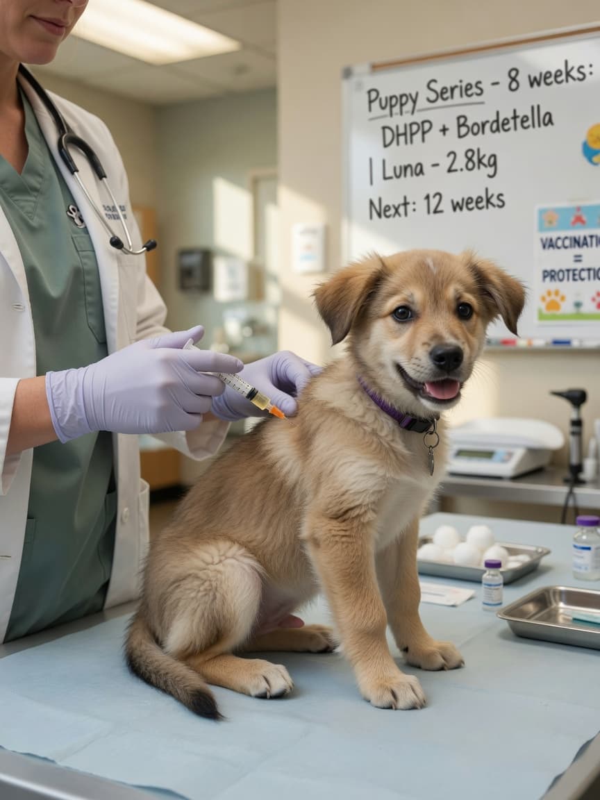 Veterinarian administering core vaccine injection to young puppy during routine vaccination appointment
