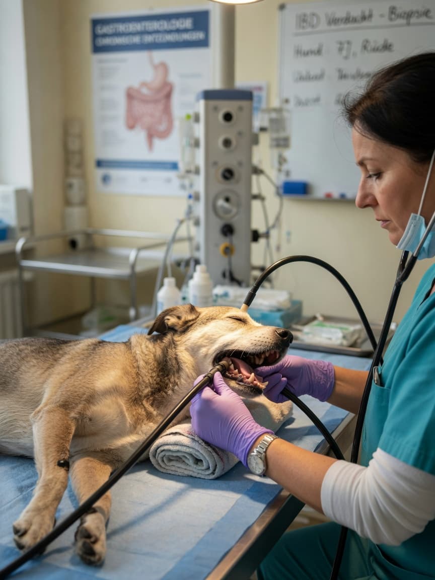 Veterinarian performing endoscopy on a sedated dog for inflammatory bowel disease diagnosis