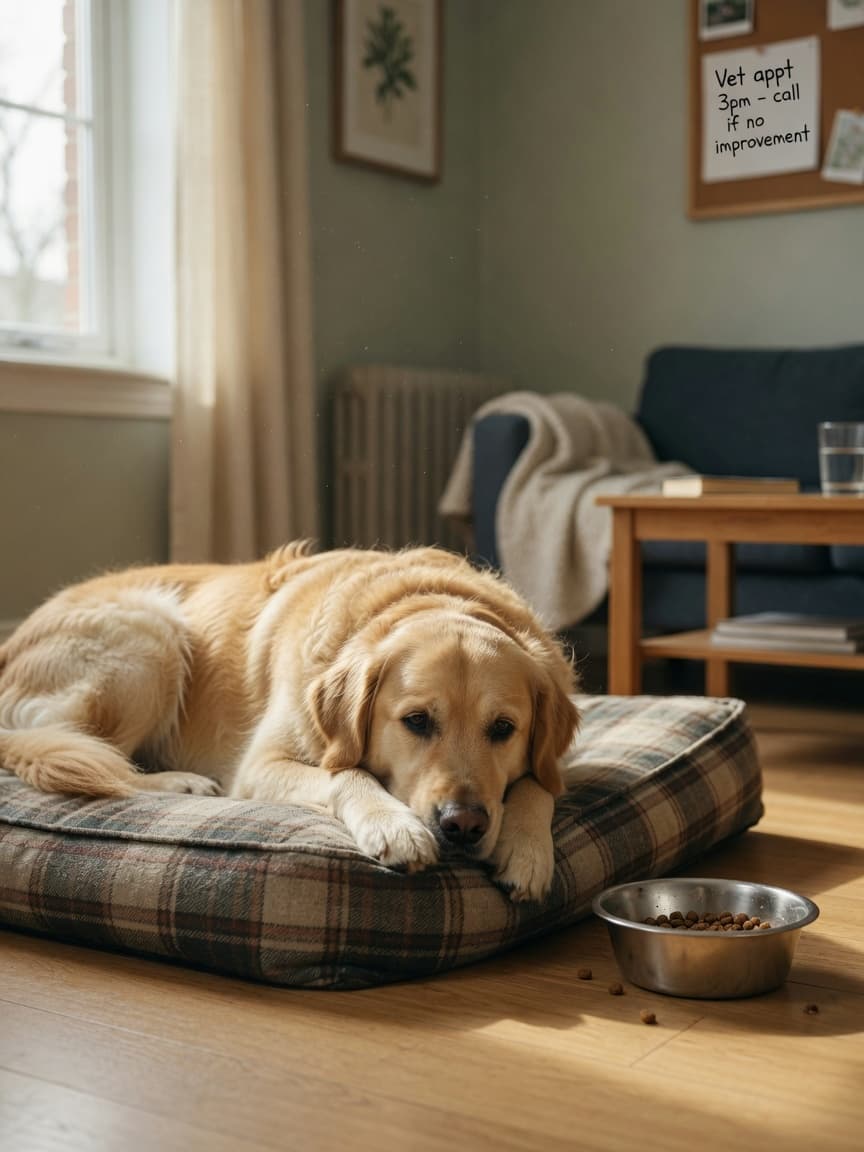 A sick dog lying listlessly on a bed with an untouched food bowl nearby, showing signs of chronic illness and poor appetite
