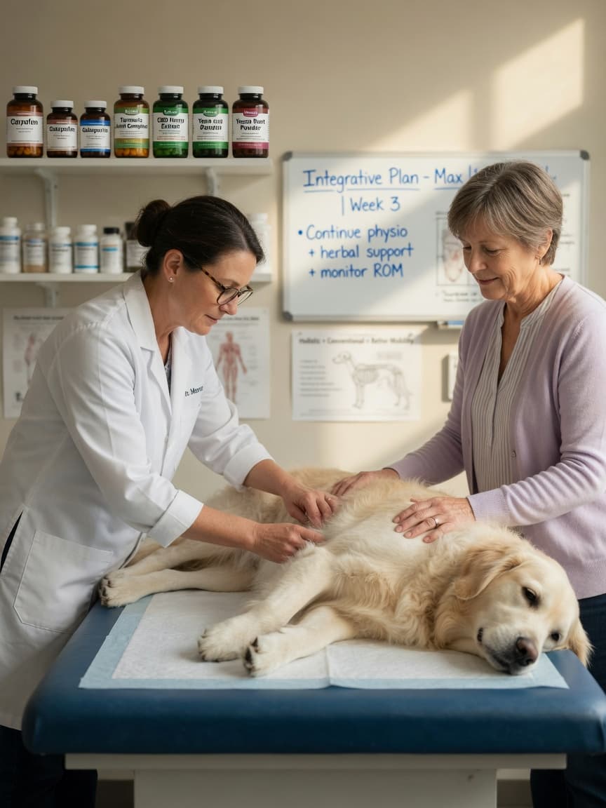 Veterinarian examining an arthritic golden retriever during an integrative care consultation with owner present