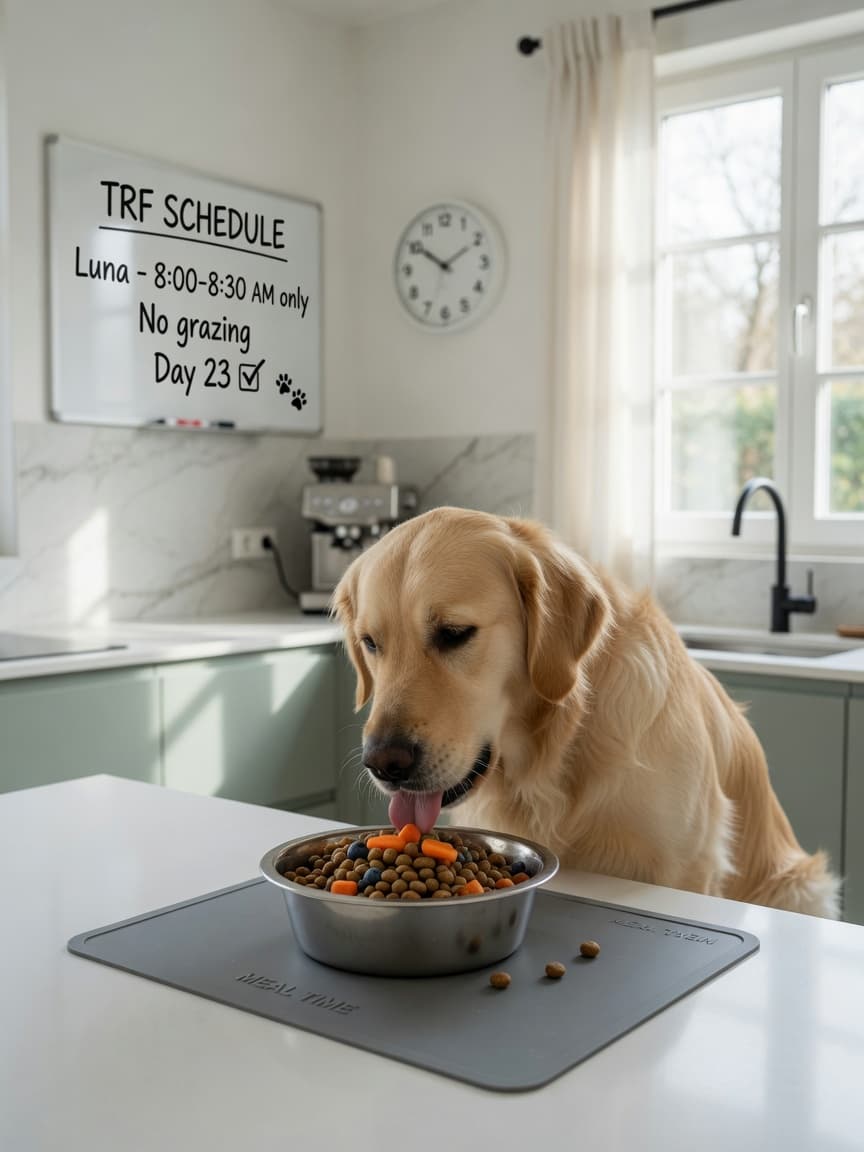 Adult dog eating from stainless steel bowl during controlled feeding window with morning light from kitchen window