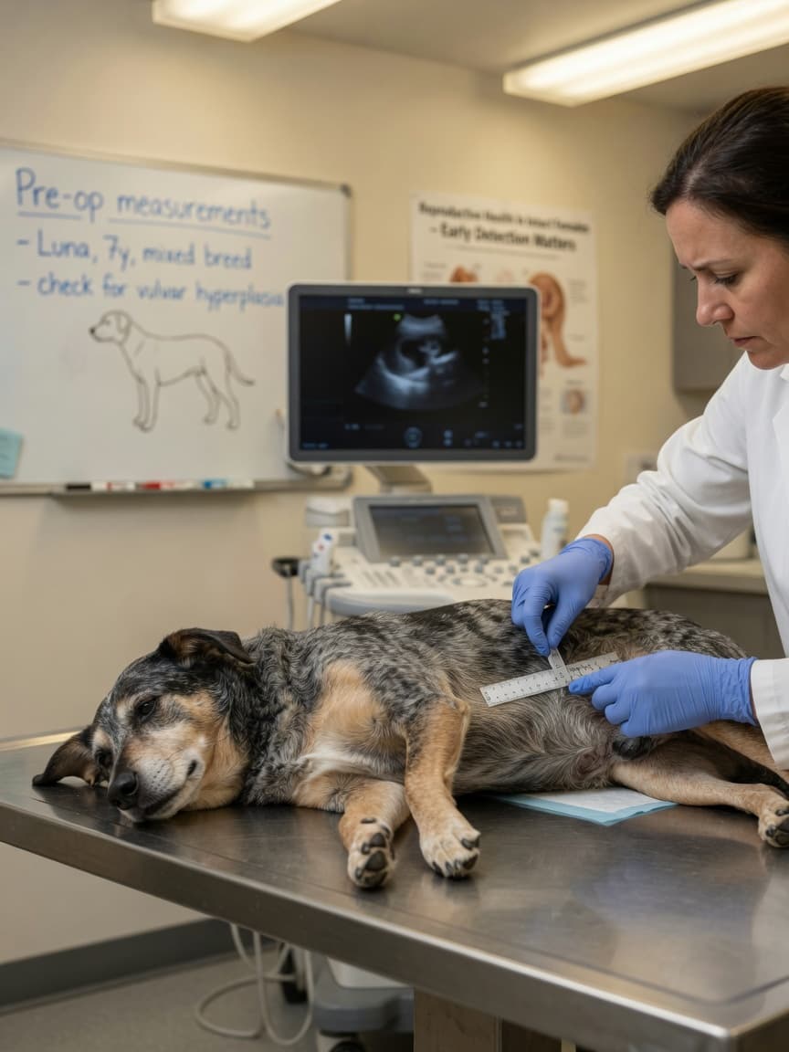 Veterinarian carefully examining a dog's external genitalia during a clinical evaluation for intersex conditions