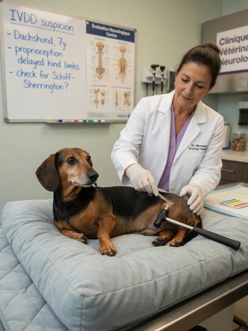 Dachshund undergoing neurological examination by veterinary specialist to assess intervertebral disc disease severity