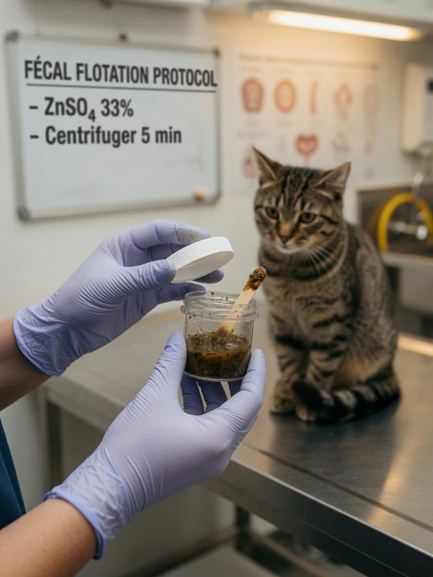 Veterinarian holding a stool sample container with a cat on the examination table during parasite testing
