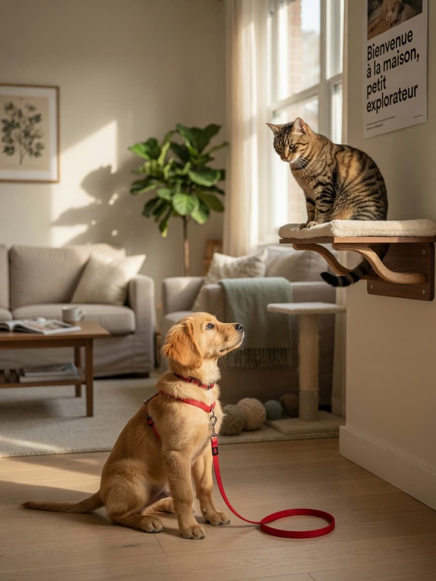 Golden puppy on leash sitting calmly while tabby cat observes from high perch during controlled introduction