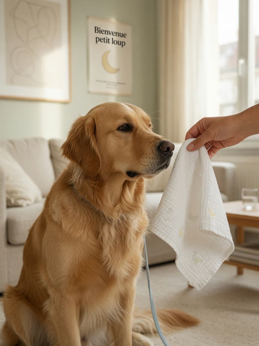 Golden retriever gently sniffing a white baby blanket during first introduction