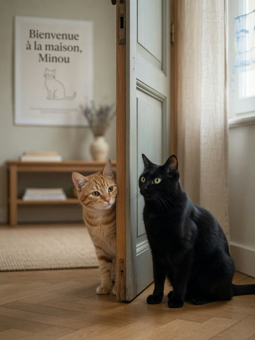 Two cats cautiously meeting through a partially open door during introduction