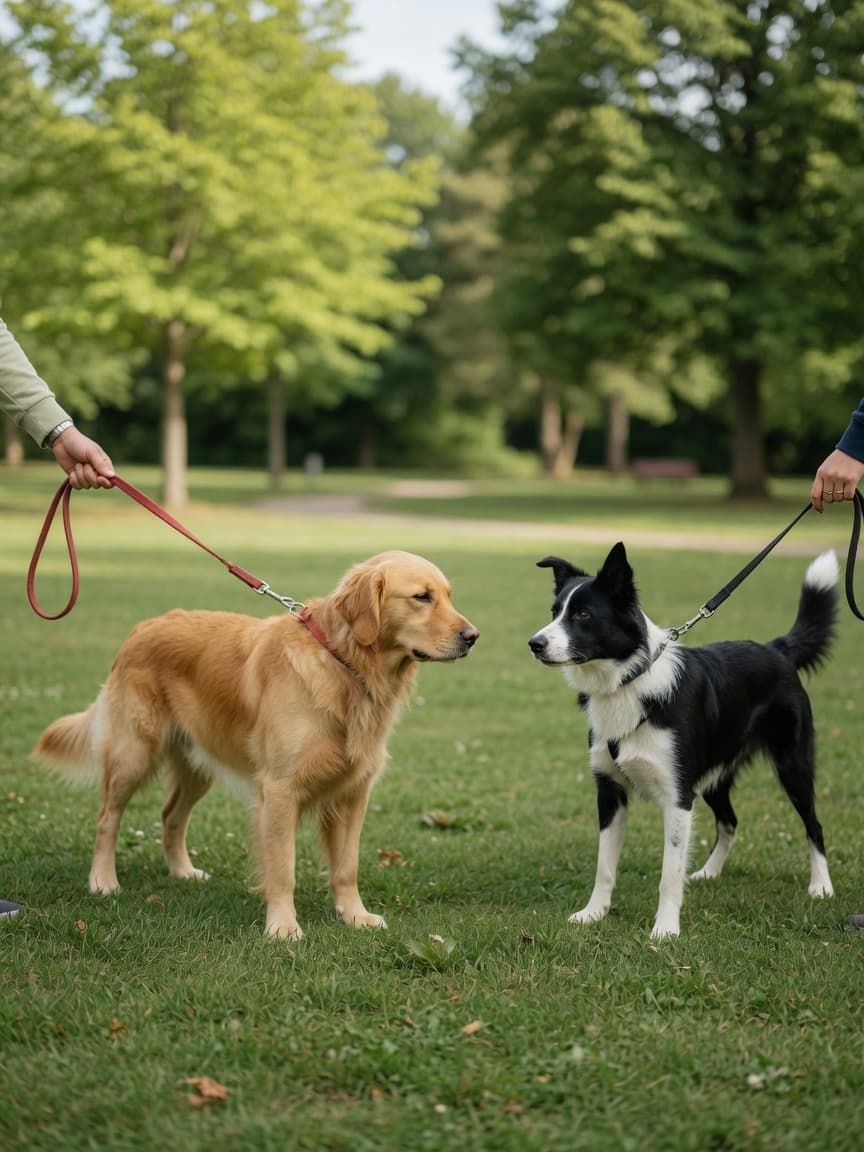 Two dogs meeting on neutral park territory, held by separate handlers at a safe distance apart, showing calm relaxed body language