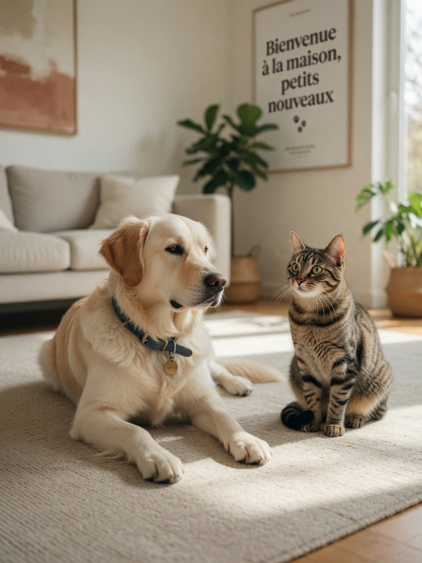 A calm golden retriever and tabby cat meeting peacefully in a bright living room, maintaining safe distance as they observe each other.
