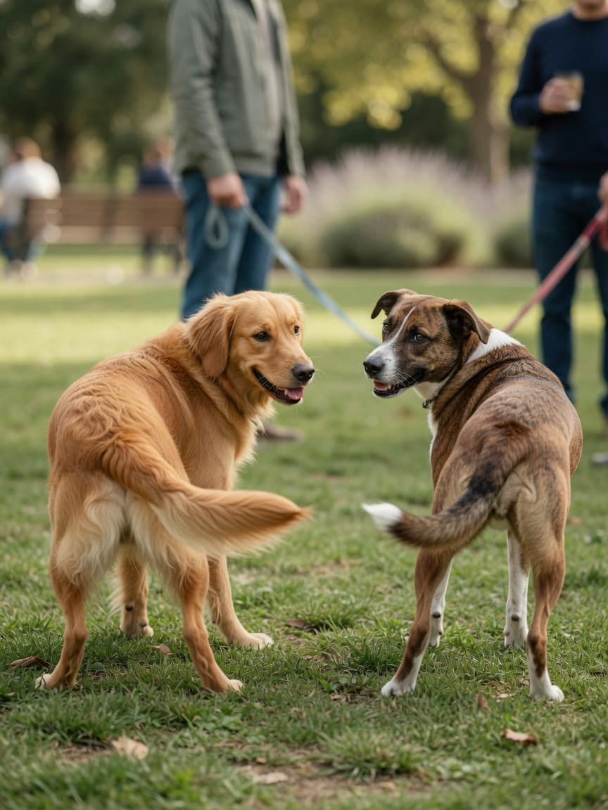 Two dogs meeting calmly on leash in a park, displaying relaxed body language and natural greeting behavior at a safe distance