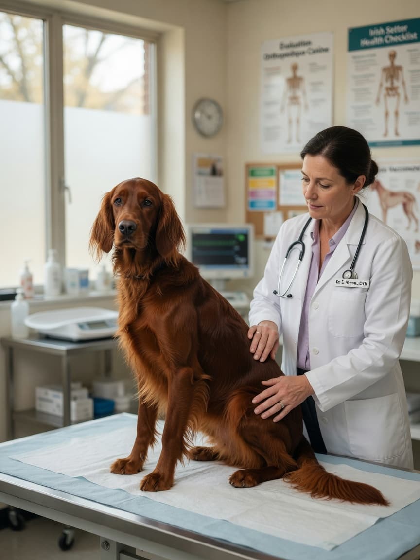 Irish Setter undergoing hip health assessment at veterinary clinic