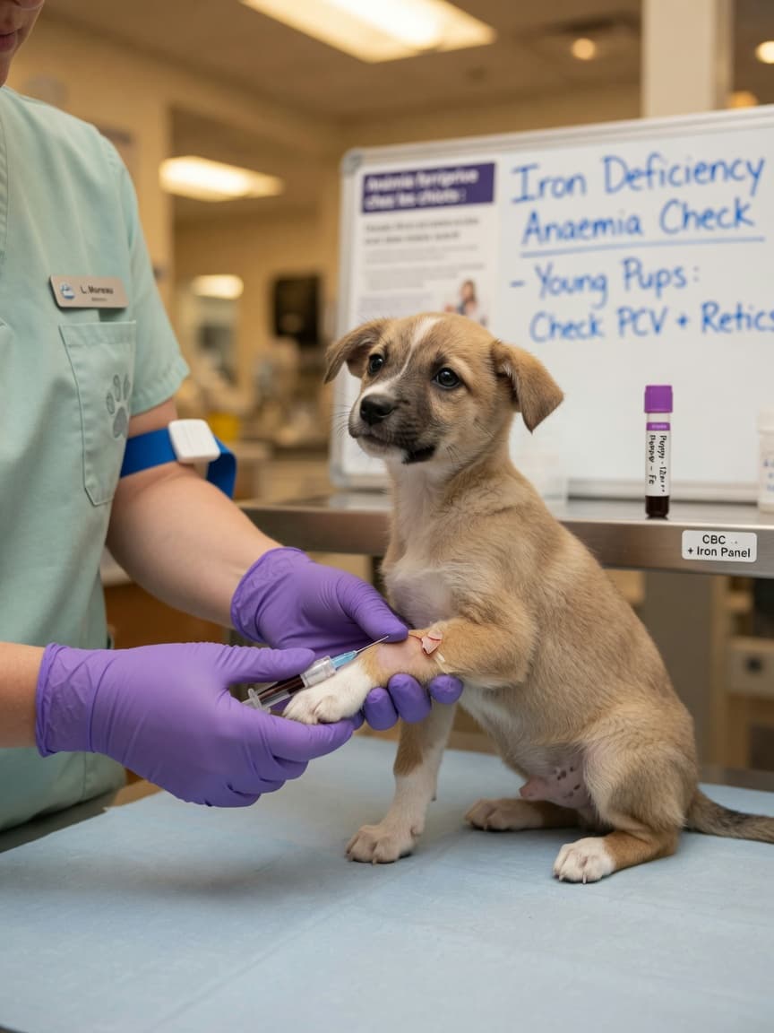 Veterinary technician drawing blood sample from a young puppy's foreleg during clinical examination