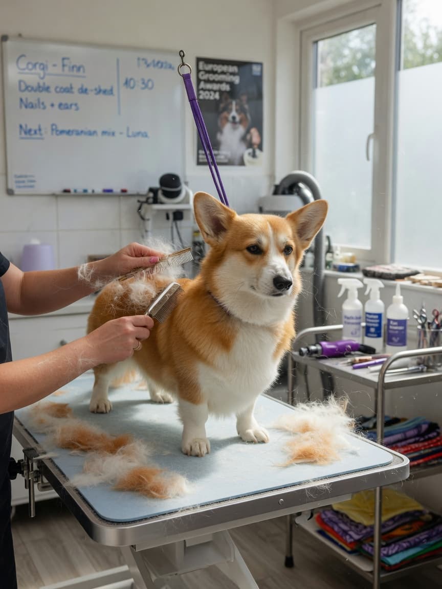 A red and white Corgi with its distinctive fox-like face and pointed ears being groomed by a professional groomer in a bright salon, with loose fur visible in the air