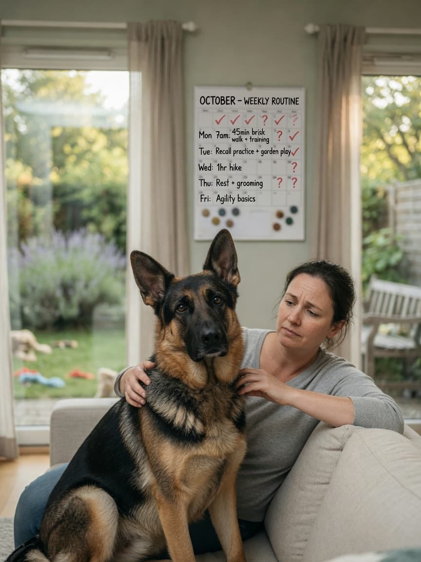 Thoughtful first-time dog owner with hand on black and tan German Shepherd's shoulder in living room, considering commitment