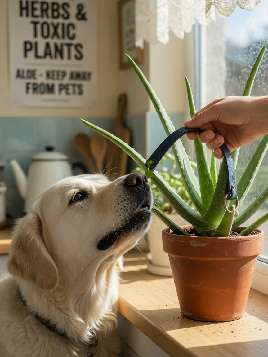A golden retriever being gently pulled away from a potted aloe vera plant by a human hand, on a bright kitchen windowsill.