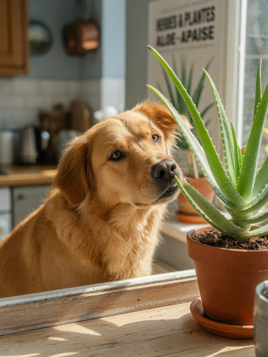 Dog sniffing an aloe vera plant on a sunny kitchen windowsill