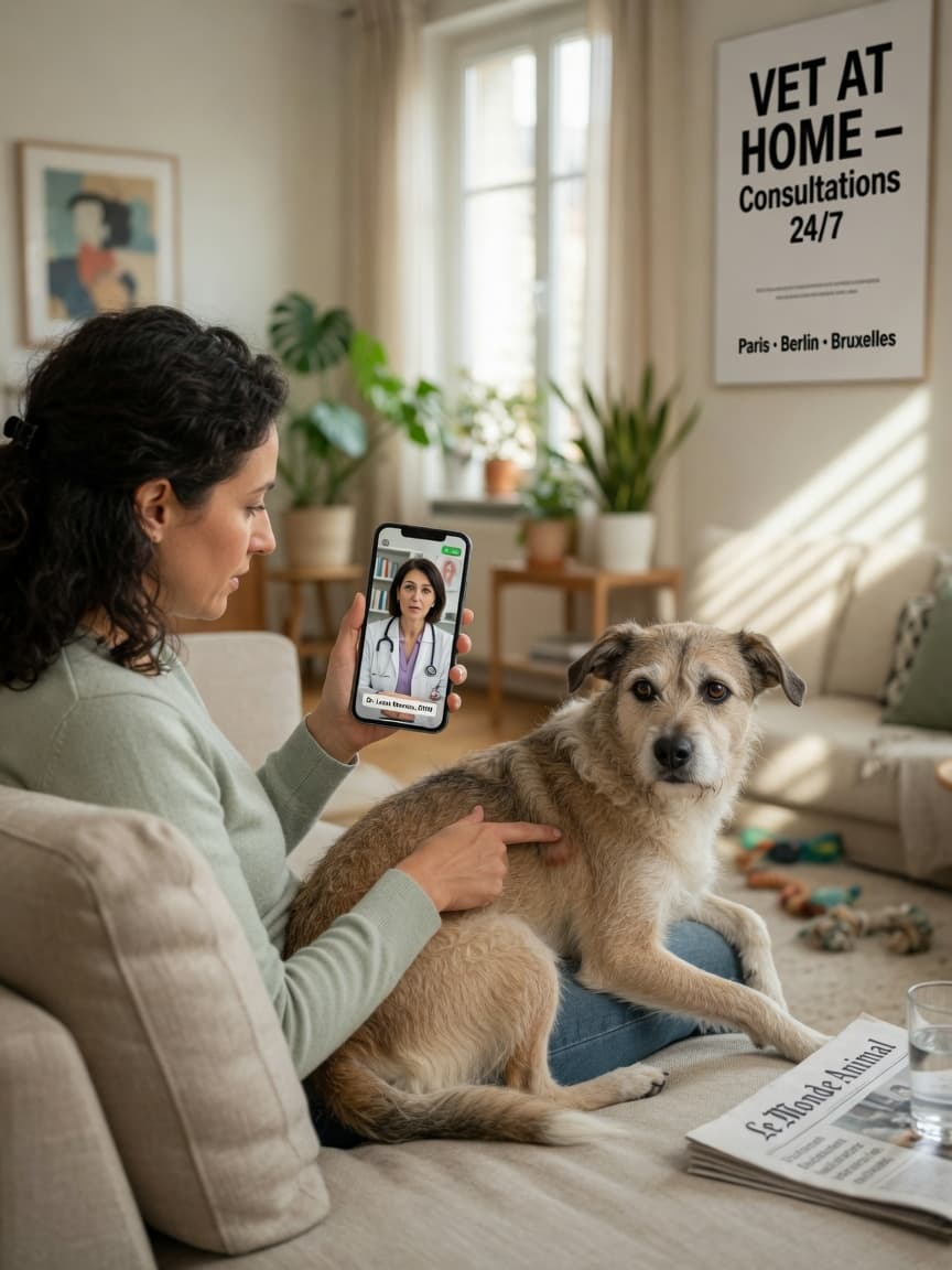 Pet owner on video call with online veterinarian, discussing their dog's health symptoms at home