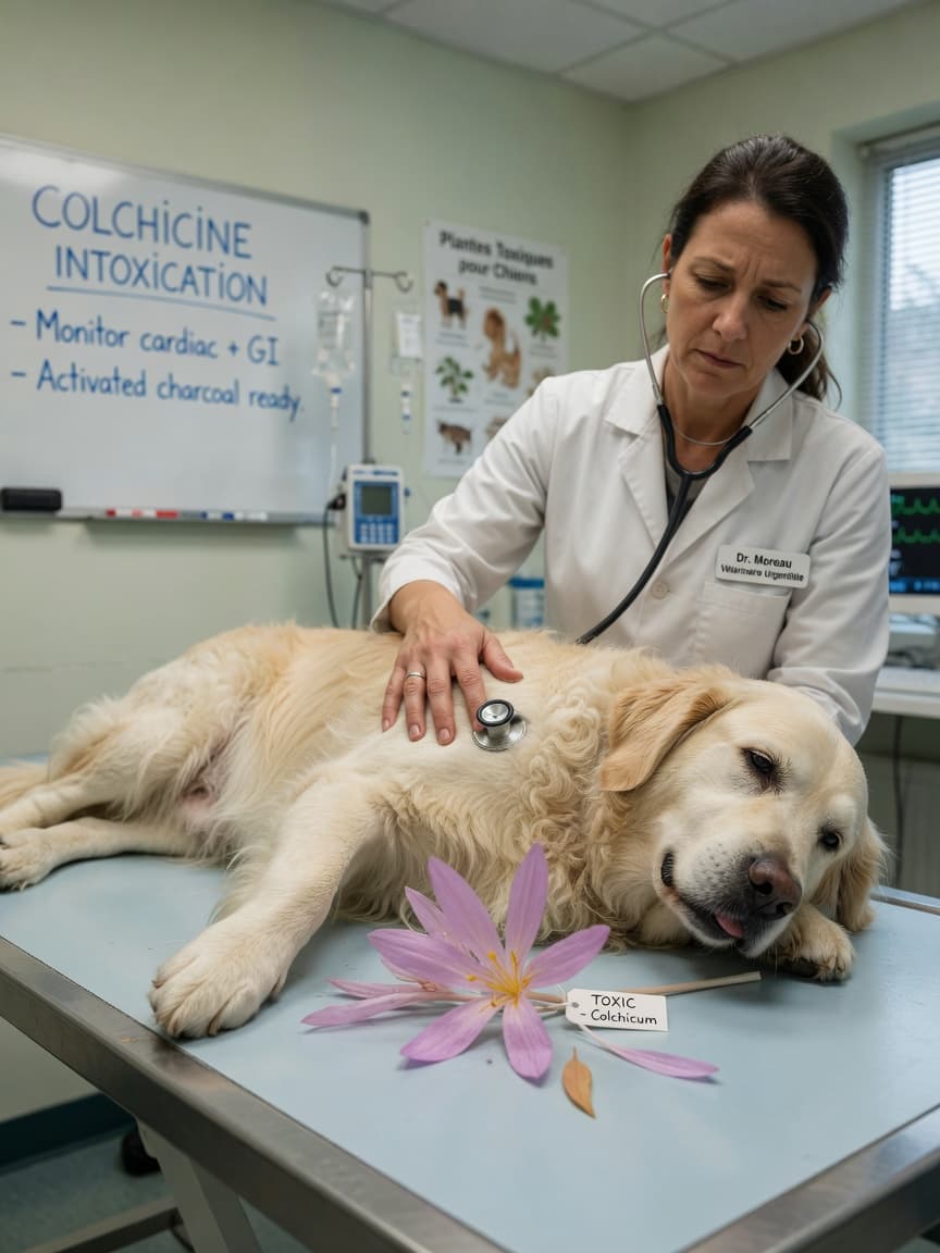 Emergency veterinary exam with golden retriever and autumn crocus flower on table