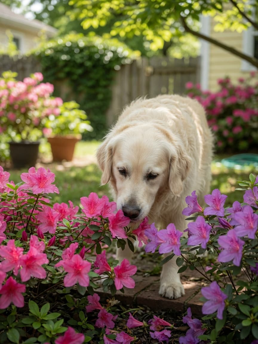 Golden retriever with curious expression sniffing vibrant pink and purple azalea flowers in a garden setting, illustrating toxicity risk
