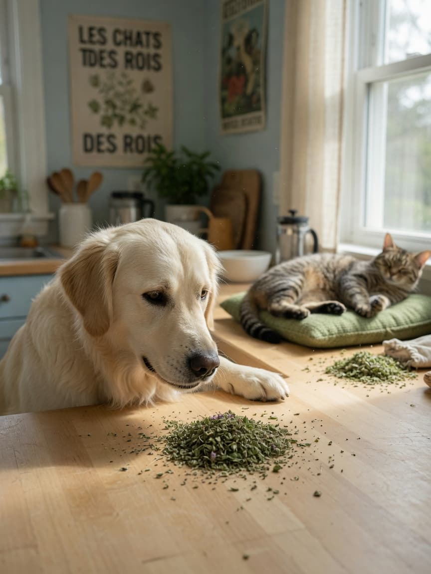 Golden retriever sniffing dried catnip on a kitchen counter while a tabby cat enjoys catnip separately in the background