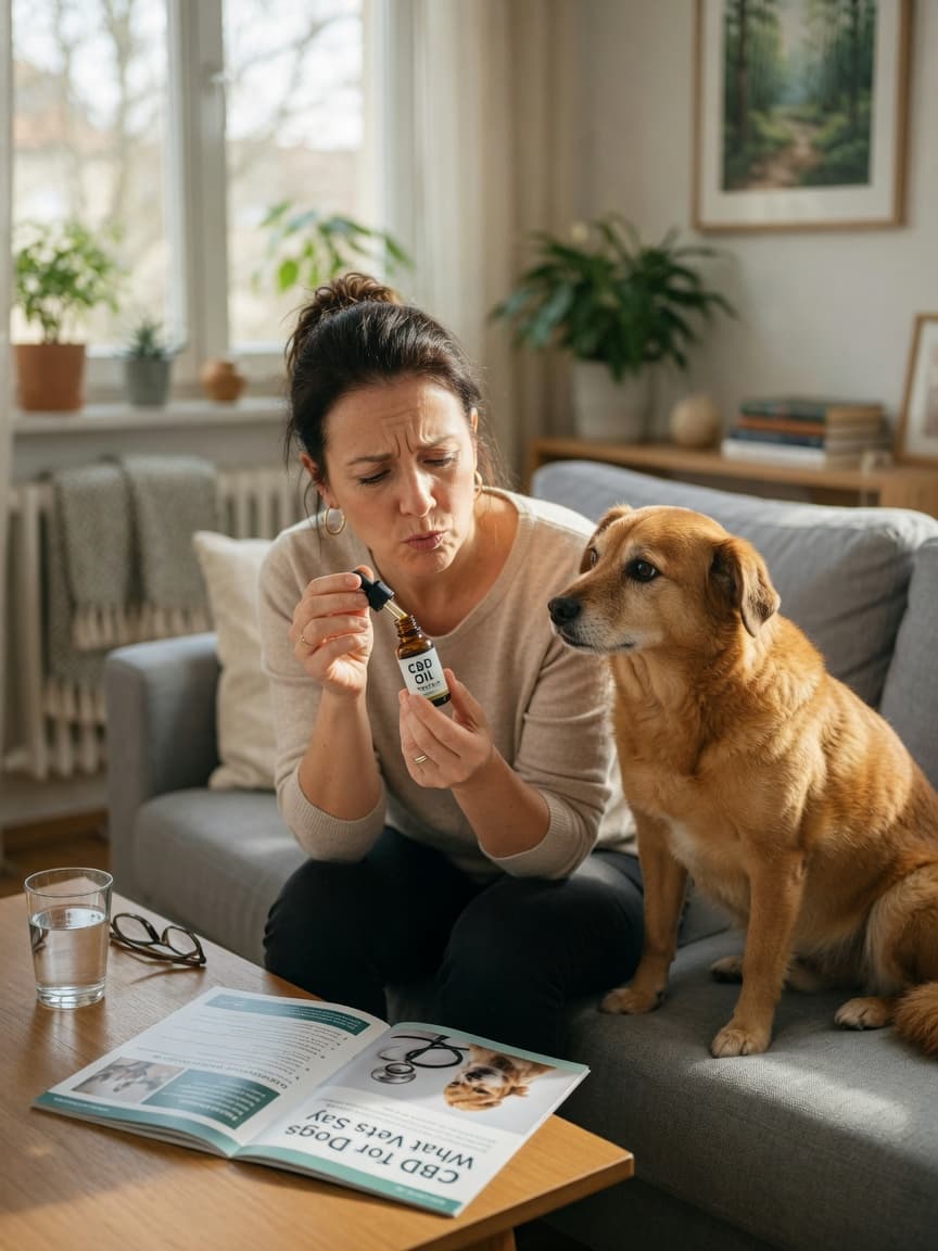 Dog owner carefully examining a CBD oil bottle whilst sitting with their calm dog on a sofa, with a vet pamphlet on the coffee table nearby in natural window light.