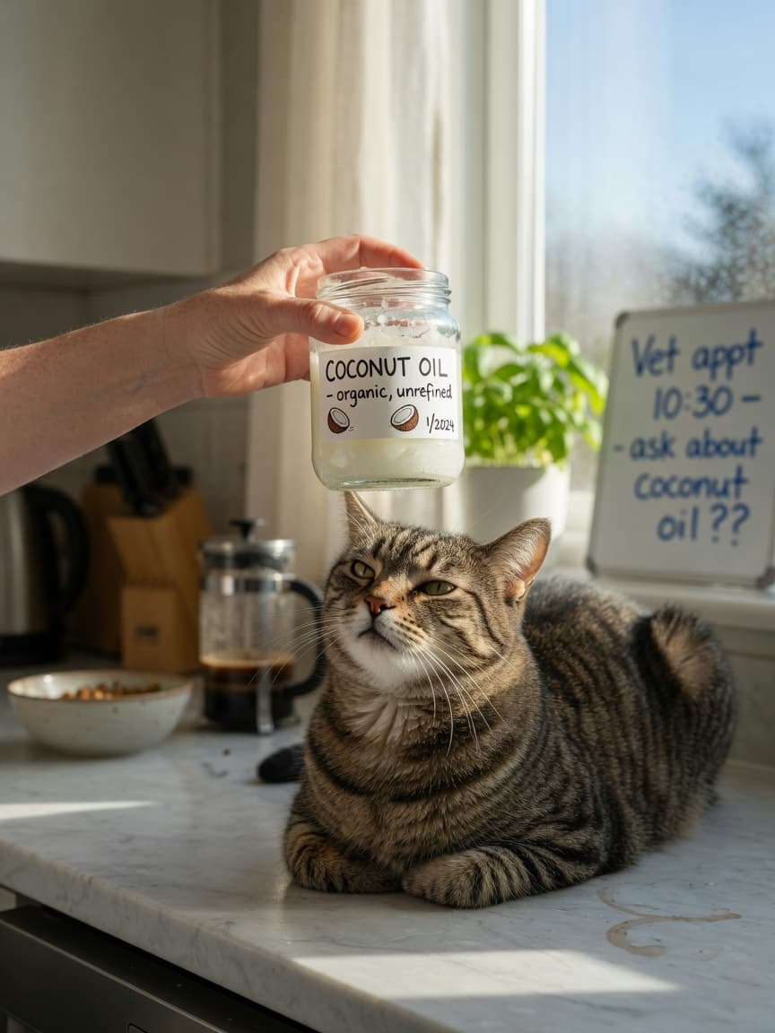 Cat owner holding coconut oil jar above skeptical tabby cat on kitchen counter with natural window light