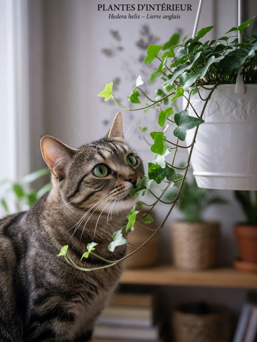 Tabby cat sniffing English ivy plant in hanging pot near a window