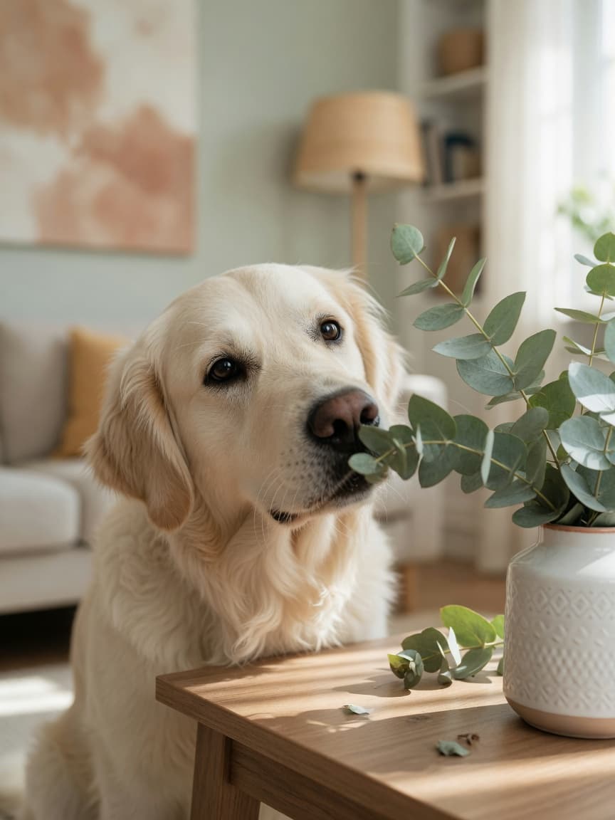 Golden retriever curiously sniffing at eucalyptus leaves in a home vase, representing the toxic plant hazard to dogs