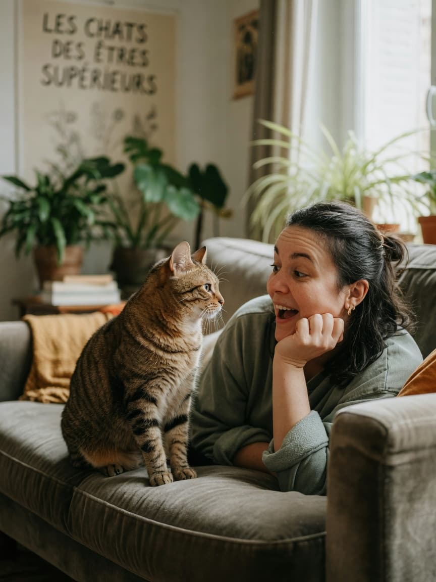 Owner meowing playfully at attentive tabby cat on couch with warm natural lighting