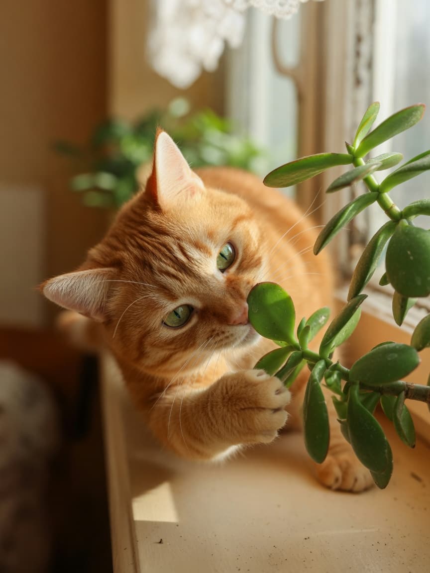 Orange tabby cat with green eyes reaching toward a jade plant on a sunlit windowsill
