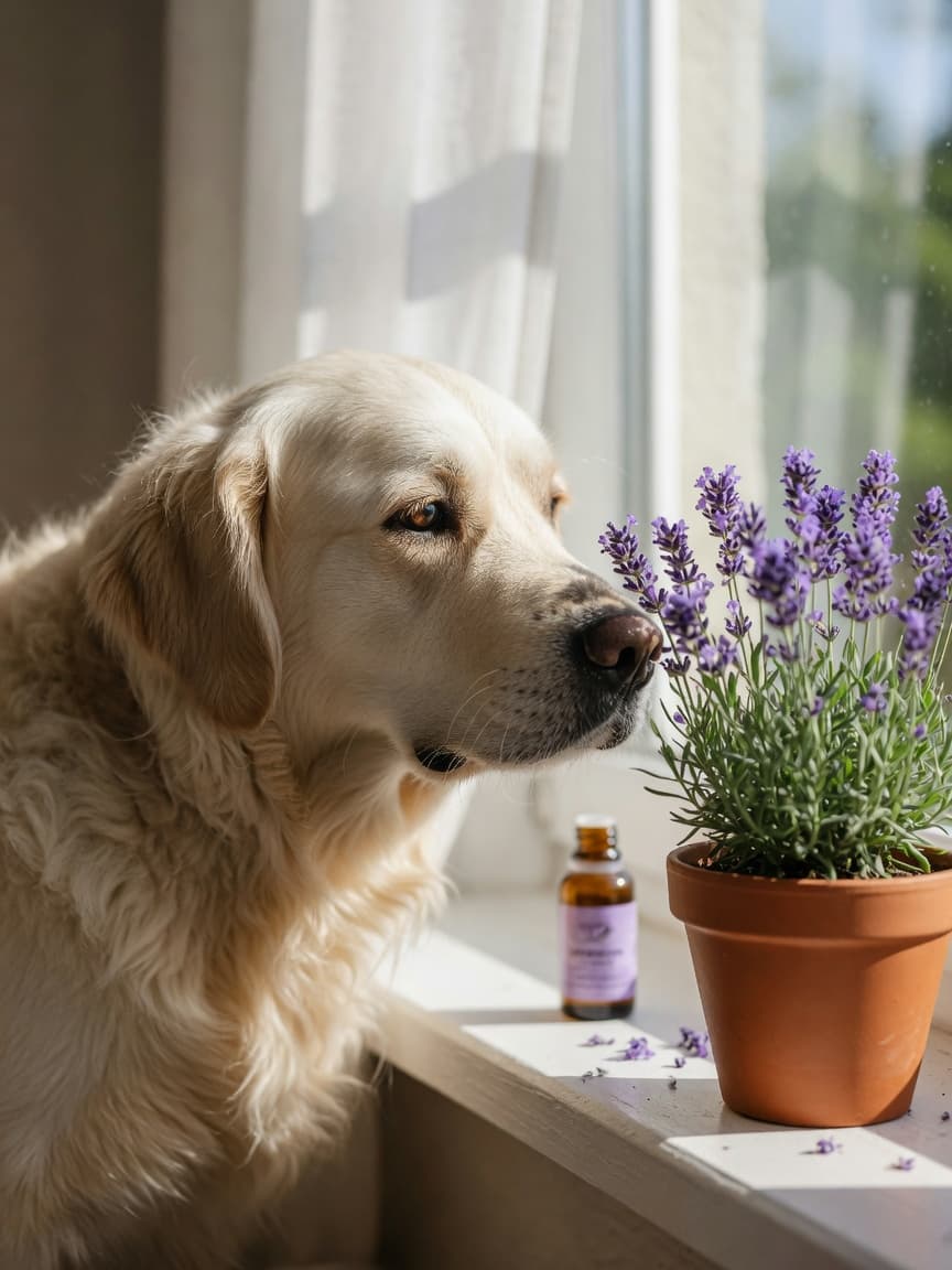 Golden retriever sniffing a potted lavender plant on a sunny windowsill with a bottle of essential oil nearby