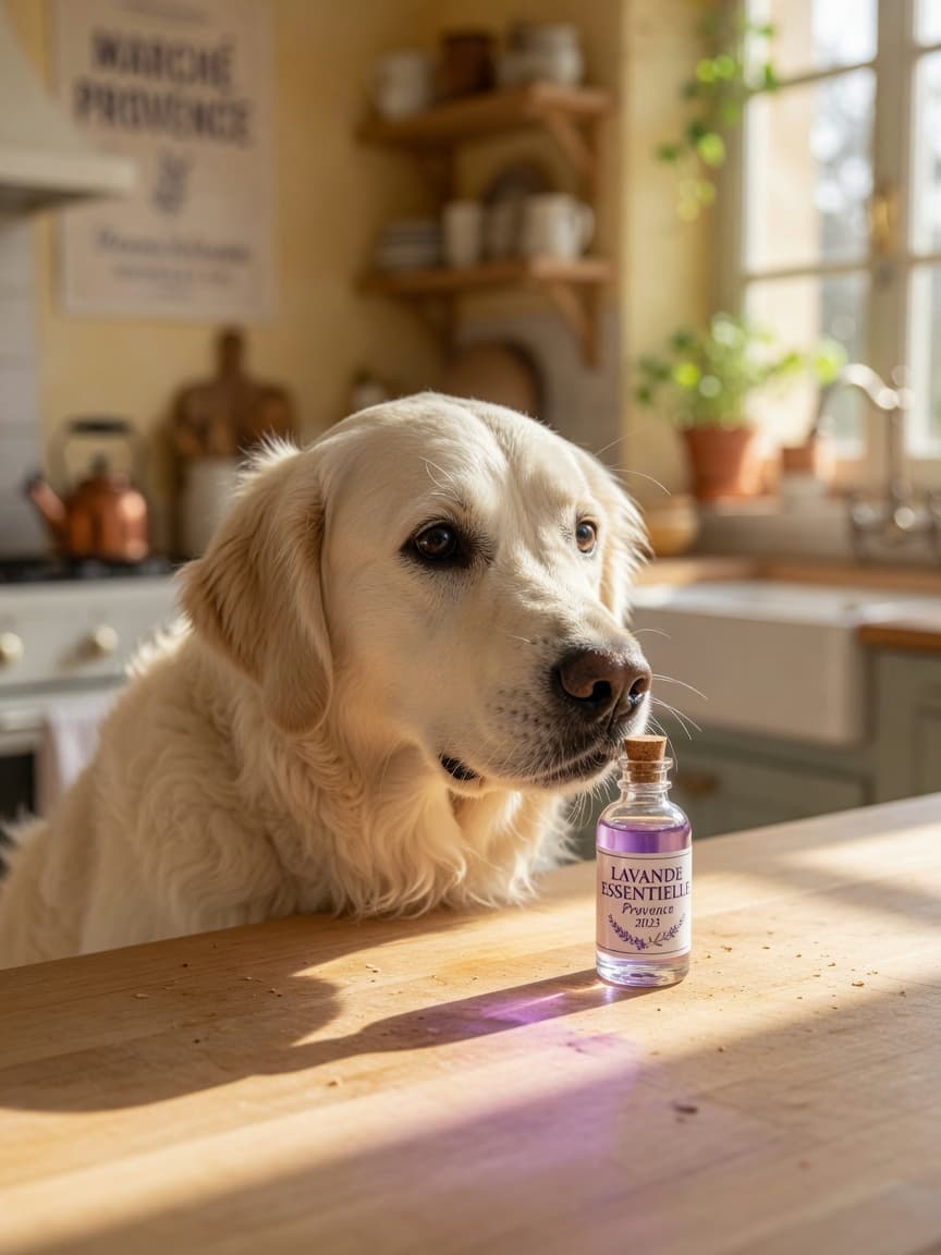 Golden retriever dog sniffing at a bottle of lavender essential oil on a kitchen counter