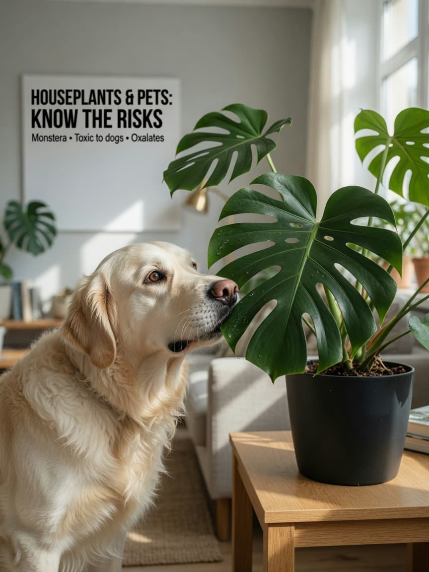 Golden retriever sniffing at a potted Monstera deliciosa plant on a side table in a bright living room, illustrating the toxicity risk to dogs from this popular houseplant