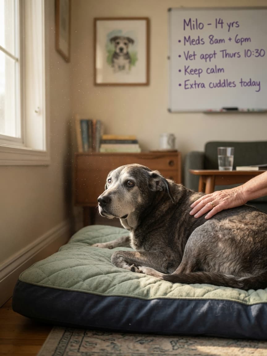 Senior dog with greying muzzle resting on orthopedic bed, owner's hand gently touching back, dog gazing vacantly at wall in warm sunlit room