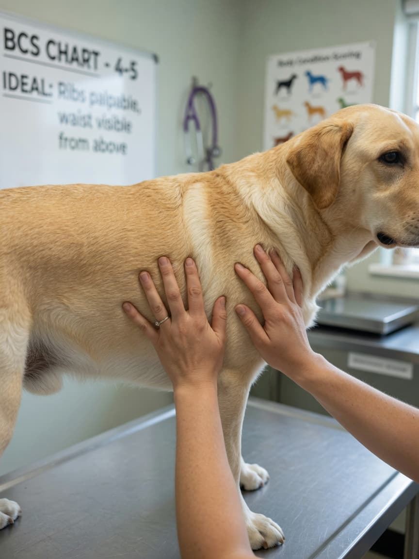 Veterinarian demonstrating hands-on body condition scoring technique on a golden Labrador Retriever during examination