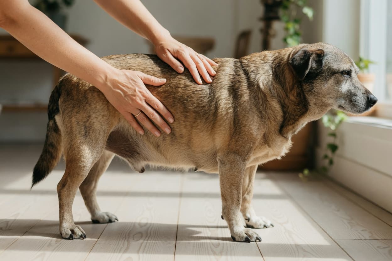 Owner performing body condition scoring by palpating dog's ribs and spine to assess weight