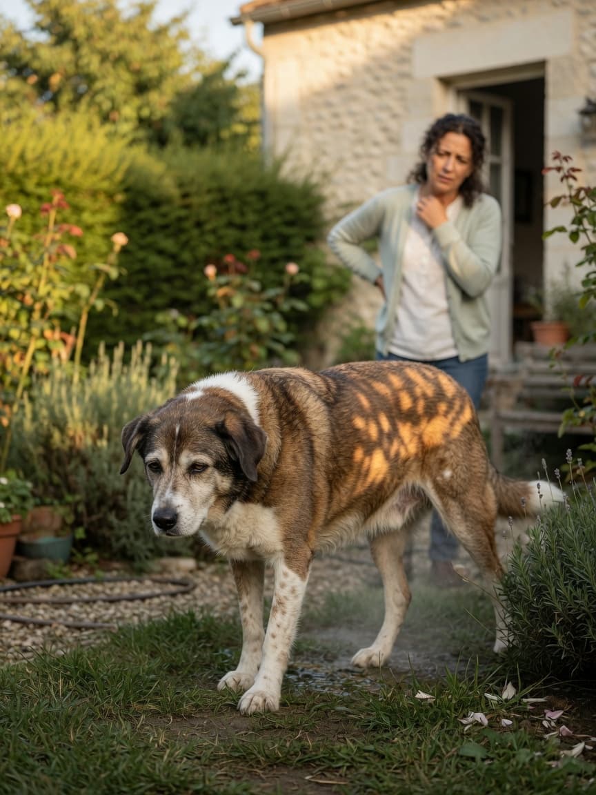 A tired-looking brown and white dog in a garden with an observant owner in the background, illustrating concerns about excessive urination in dogs